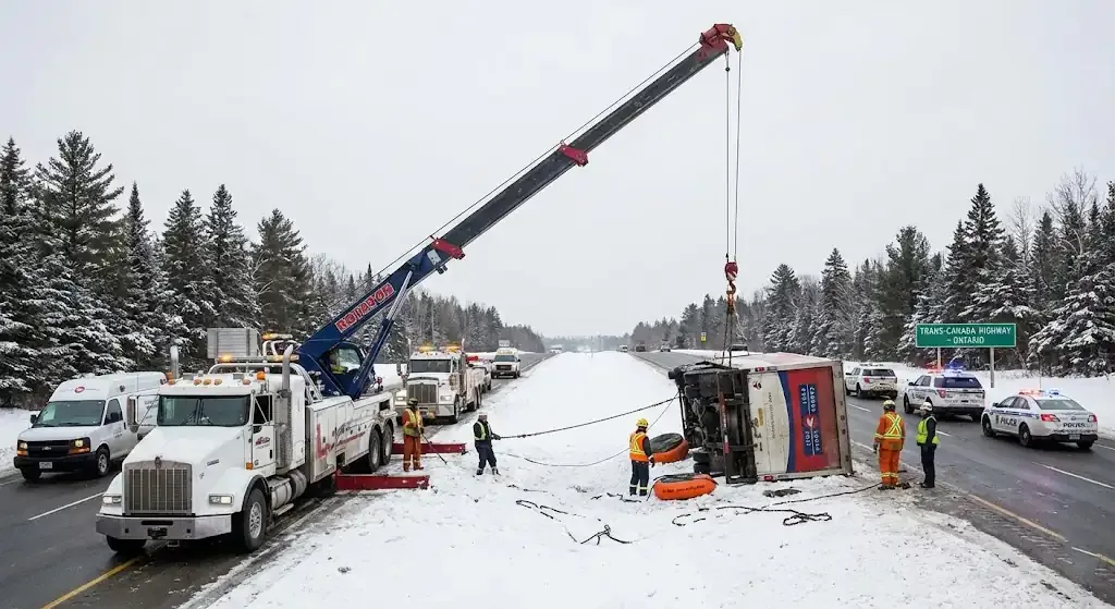 Montreal truck towing on highway corridor
