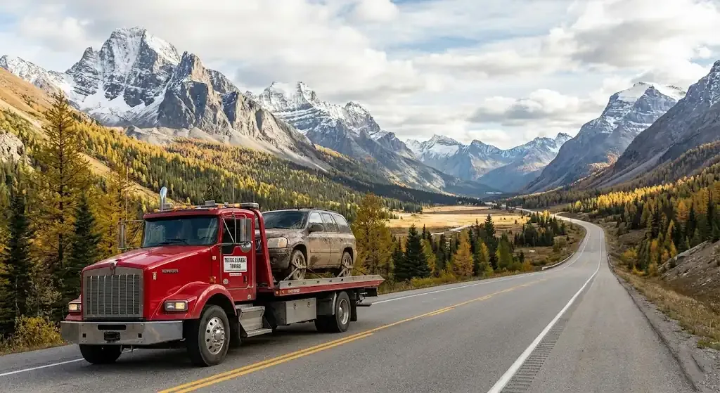 long-distance tow truck on a Montreal highway corridor