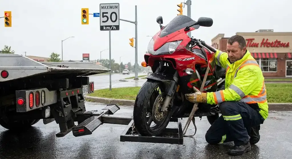 Montreal motorcycle being safely loaded for transport
