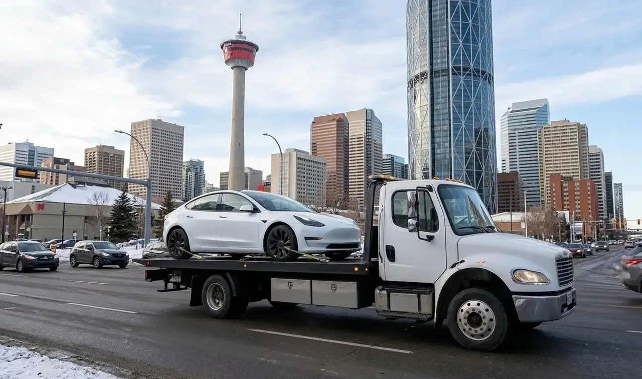 Montreal electric vehicle on flatbed transport